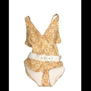 Modcloth Yellow Print Belted One Piece Swimsuit Sz 1X